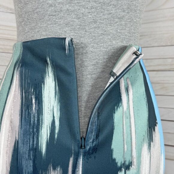 NY & Comp. Paint Stroke Print Stretch Scuba Knit Pencil Skirt Blue Grey 2 - Picture 6 of 13